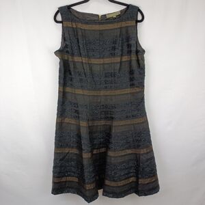 Melonie T Elegant Black and Metallic Gold Weave Striped Fit & Flare Dress Sz.16